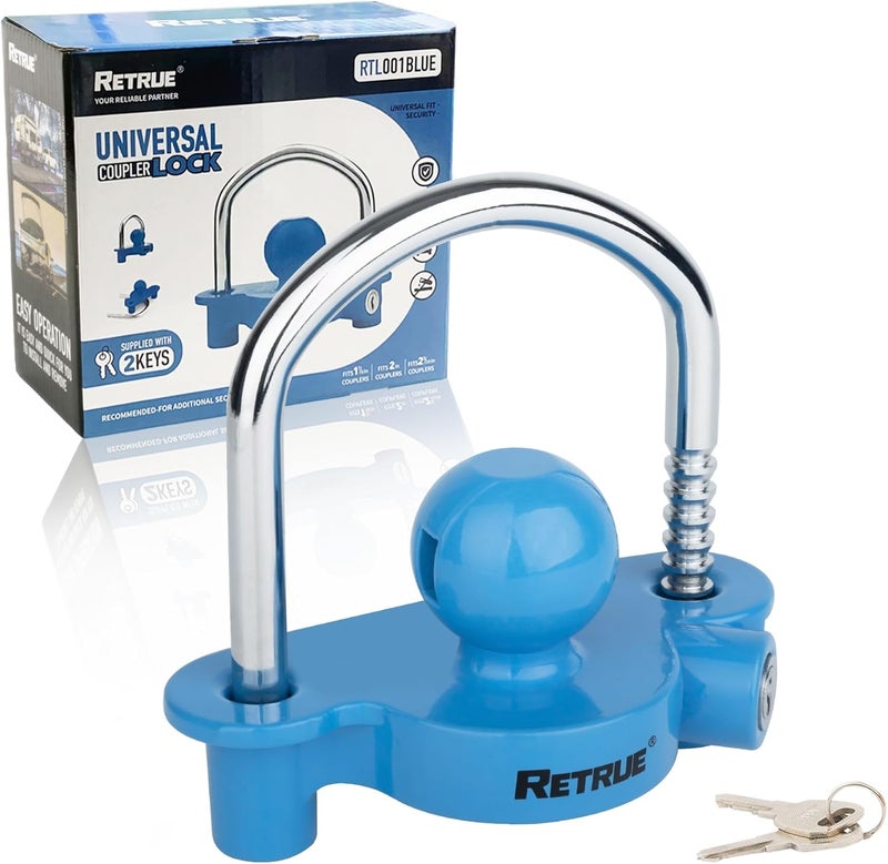 RETRUE Universal Coupler Lock Trailer Locks Ball Hitch Trailer Hitch Lock Adjustable Security Heavy-Duty Steel Fits 1-7/8 Inch, 2 Inch, 2-5/16 Inch Couplers Blue - Image 1